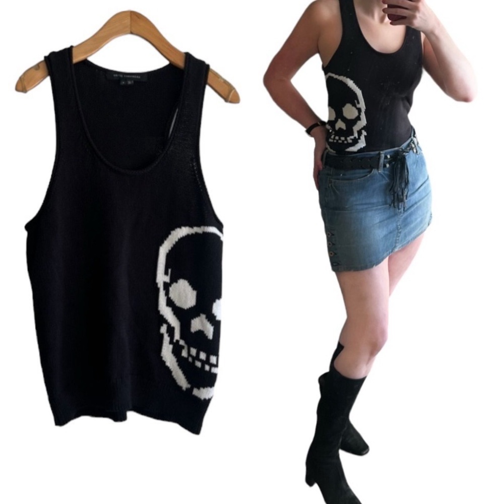 Late Y2K Skull Cashmere 100% Cotton Skull Print Black Knit Scoop Neck Tank - Picture 2 of 11